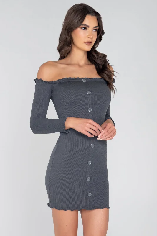 Ribbed Off the Shoulder Mini Dress Fashionable Mini Dress with Frills