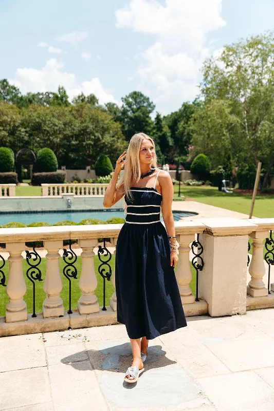 River Midi Dress - Navy Comfortable Adjustable Strap Midi Dress