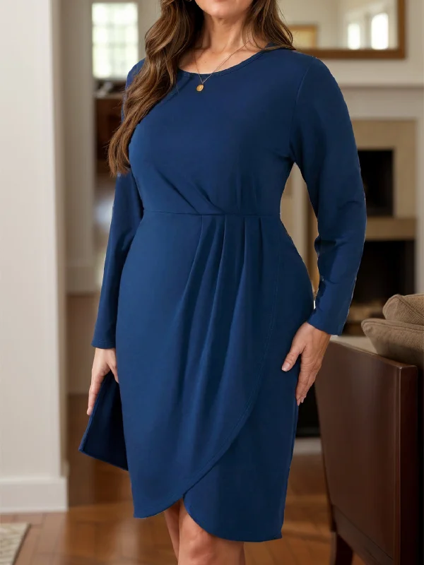 Ruched Round Neck Long Sleeve Mini Dress Fashionable Lace-Trim Mini Dress