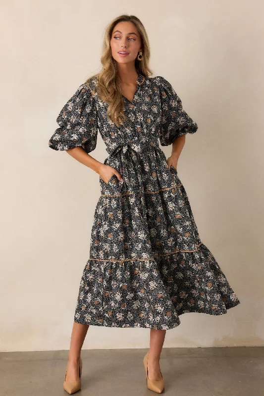 Rustic Allure 100% Cotton Black Floral Midi Dress Comfortable Ruched Midi Dress