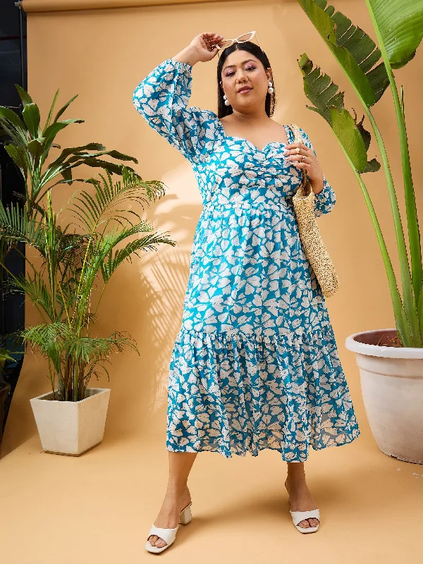 Women Turquoise Tropical Hem Tiered Midi Dress Comfortable Lace-Up Midi Dress