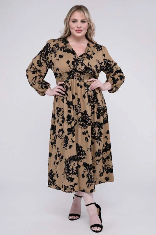 Plus Size Brown Floral Print Smocked High Waist Midi Dress Trendy Square Neck Midi Dress Plus Size Brown Floral Print Smocked High Waist Midi Dress Trendy Square Neck Midi Dress