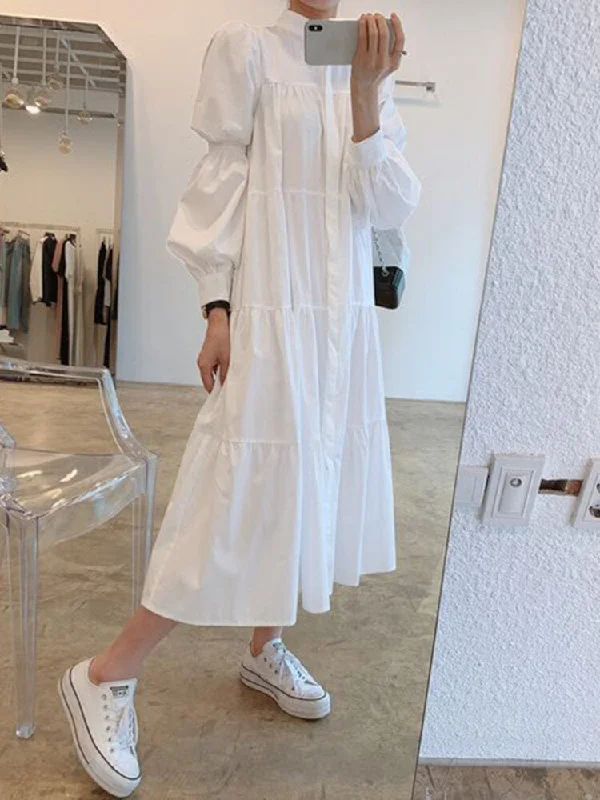 Solid Tiered Stand Collar Pleats Puff Sleeve Casual Shirt Women Midi Dress Stylish Tiered Midi Dress Solid Tiered Stand Collar Pleats Puff Sleeve Casual Shirt Women Midi Dress Stylish Tiered Midi Dress