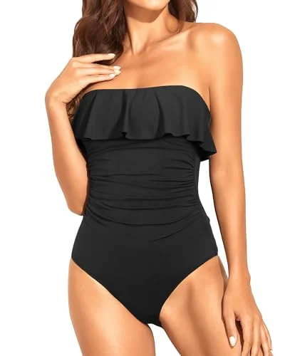 Strapless One Piece Swimsuits for Women Tummy Control Bandeau Bathing Suits Ruffle Slimming Swimwear Elegant Swim Dress