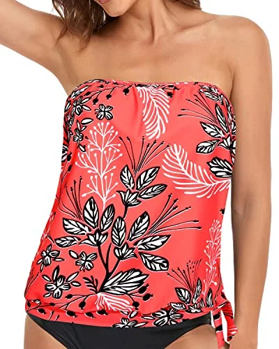 Strapless Tankini Tops For Women Swimwear Top Only-Red Floral Summer Ready Swimsuit