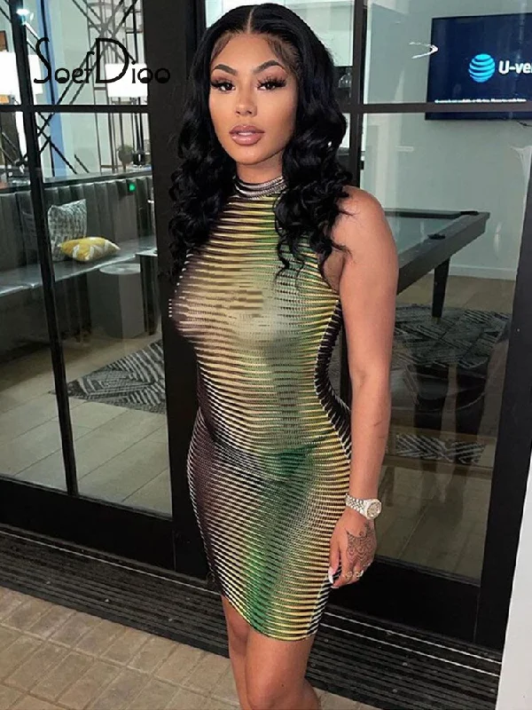 Stripe Printed O-neck Party Mini Dress Elegant Velvet Mini Dress