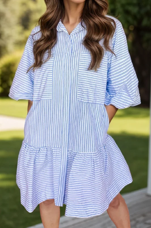 Striped Collared Neck Mini Dress Classic Casual Mini Dress