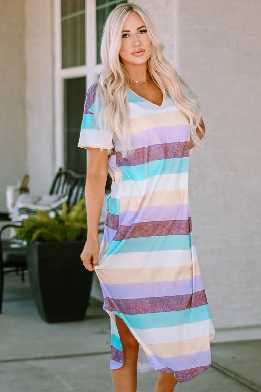 Striped V-Neck Curved Hem Midi Dress Fashionable High-Low Midi Dress