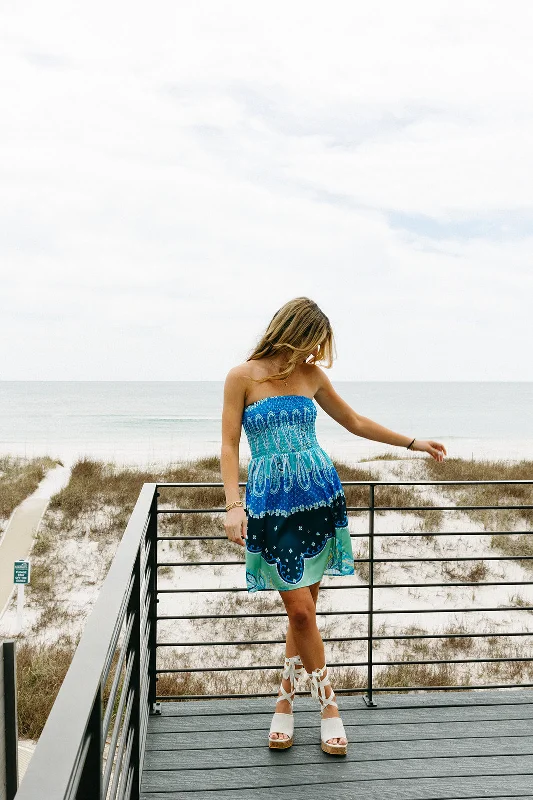 Truly Tropical Mini Dress - Blue Bali Print Cozy Ruched Mini Dress