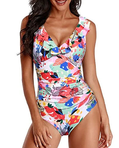 Women One Piece Swimsuits Tummy Control Ruffle V Neck Swimwear-Colorful Leaves Stylish Cover-Up Set