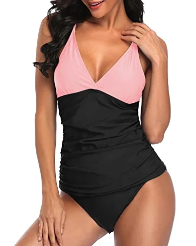 Deep V Neck Tankini Top With Swim Bottom Bathing Suits For Women-Pink And Black Beach Ready Swimsuit