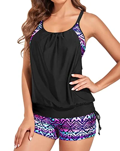 Unique Blouson Tankini Top With Tummy Control For Women-Black And Tribal Purple Vibrant Bikini Design