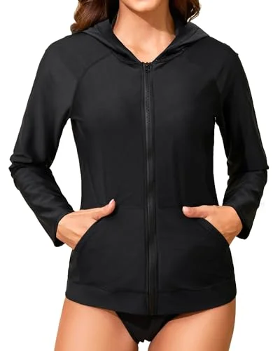 Two Piece Womens Long Sleeve Hooded Rash Guard Zip Up Swimsuit with Pockets UPF 50+ Swim Shirt with Bikini Bottom Plunge Back Swimsuit