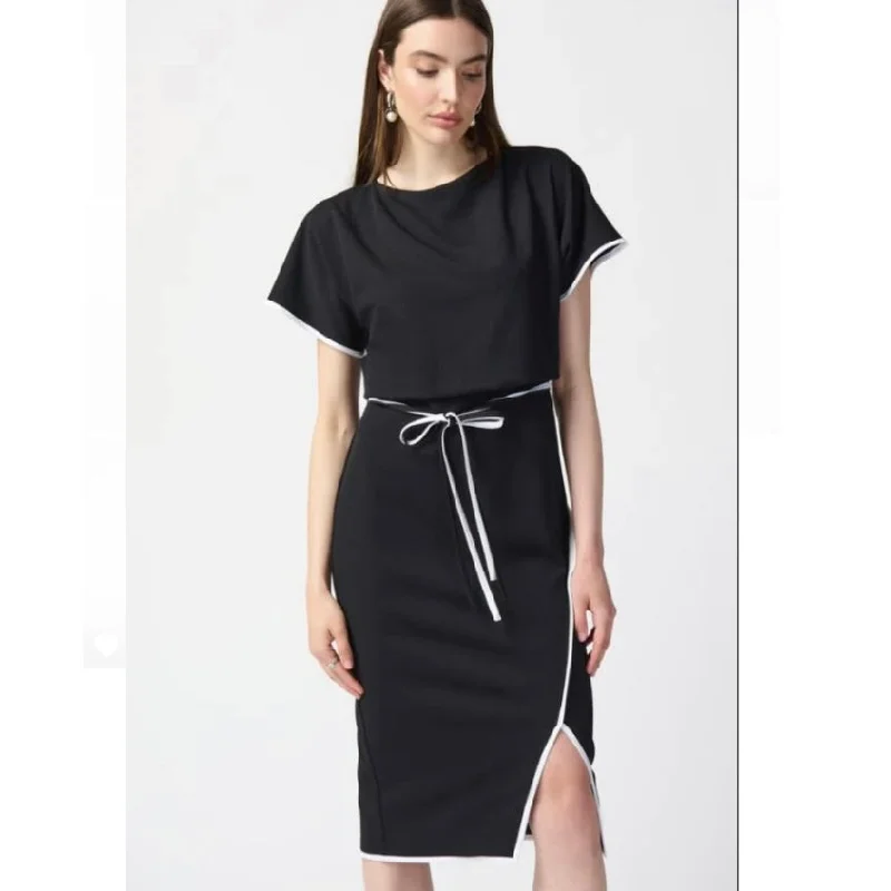 Joseph Ribkoff white trim slit leg black midi dress Trendy Smocked Waist Midi Dress