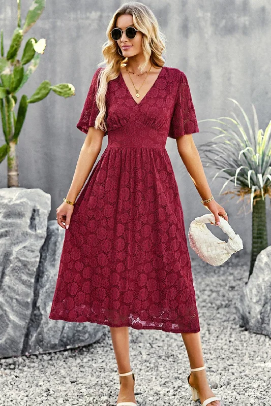 V-Neck Puff Sleeve Lace Midi Dress Cozy Wide Strap Midi Dress