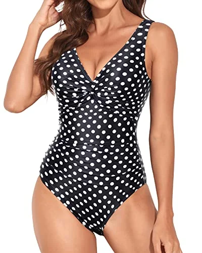 V Neck Women Vintage Swimsuit Twist Front Knot Monokini-Black Dot Classic Two-Piece Bikini