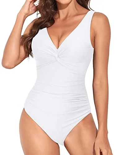 V Neck Twist Front Monokini Vintage Tummy Control Swimsuit-White Mesh Swimsuit Top