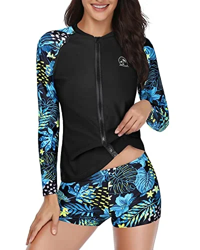 Long Sleeve Zipper Rash Guard For Women Upf 50+ Swim Shirt With Shorts-Blue Leaf Floral Bikini Top