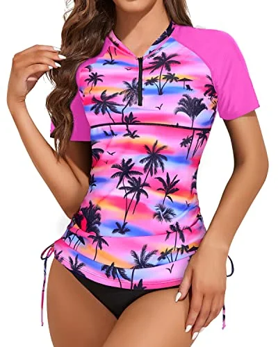 Women's Short Sleeve Swim Shirt And Bottom Rash Guard Set-Pink Palm Strapless Swimsuit Top