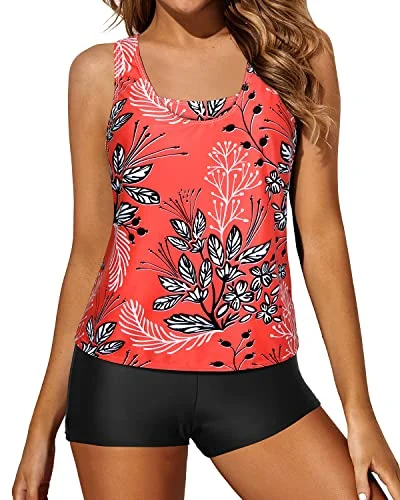 Loose Tankini Top With Tummy Control Boyshorts For Women And Moms-Red Floral Sporty Swimsuit Style