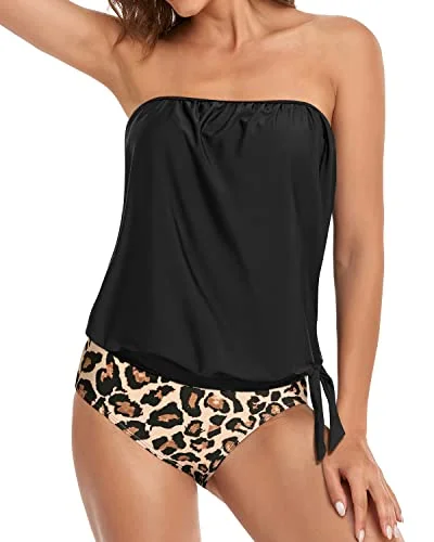 Modest And Sexy Bandeau Tankini Tops For Women Swimwear-Black And Leopard Sporty Racerback Swimsuit