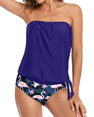 Womens Bandeau Tankini With Removable Straps-Blue Flamingo Lace Back Bikini