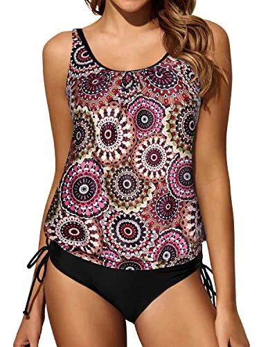 Two Piece Black Leopard Tankini Perfect For Big Busted Women-Brown Print Color-Block Bikini