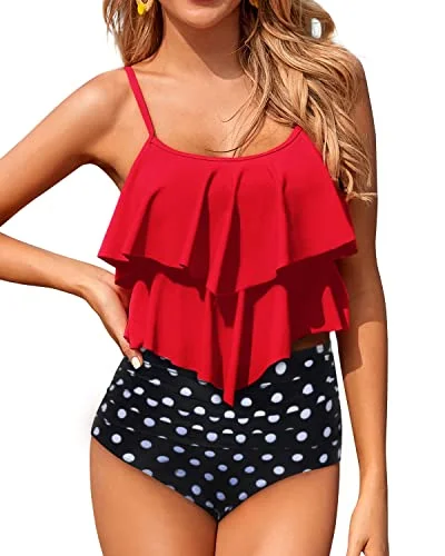 Two Piece Retro High Waisted Bikini Bottom Swimsuits For Women-Red Dot Mesh Detail Bikini