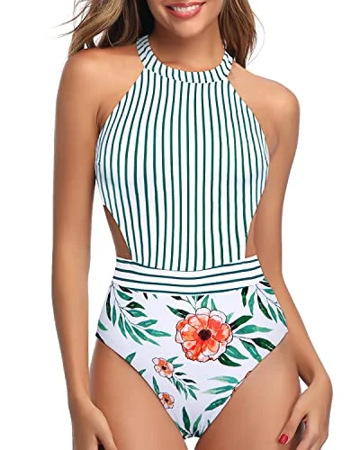 Tummy Control One Piece Cutout Swimsuits For Women-White Floral High-Waist Bikini Set