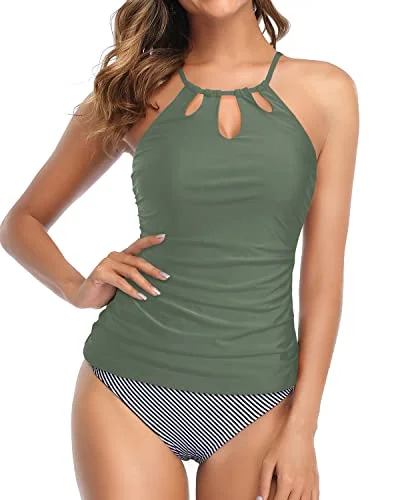 High Neck Tankini Swimsuit For Women Tummy Control Ruched Two Piece-Army Green Solid Color Swimsuit