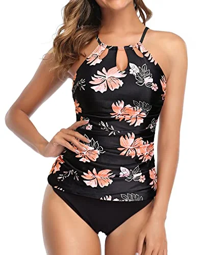 Ruched Push Up Padded Bra Tankini Swimsuit For Women-Black Orange Floral Modern High-Waisted Swimsuit