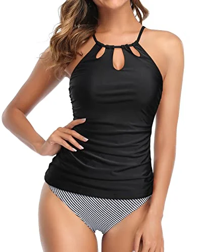 Halter Swim Tankini Top With Bikini Bottom For Women-Black Stripe Elegant Swim Dress