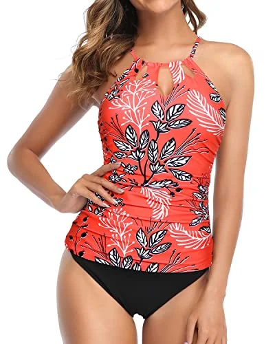 Two Piece High Neck Swim Tankini Top With Bikini Bottom-Red Floral Fun Pattern Swimsuit