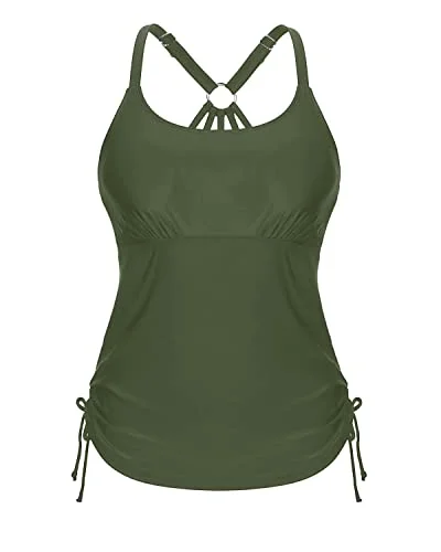 Tankini Top No Bottom Bathing Suit Tops For Women-Army Green Ruched Swimwear Set