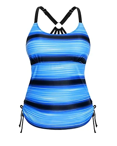 Stylish And Trendy Strappy Racerback Tankini Swim Top Only-Black And Blue Stripes Bold Swimsuit Design