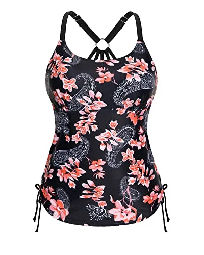 U Neck Tankini Swim Top Only With Removable Padded Bra-Black Pink Flowers Mesh Panel Swimwear