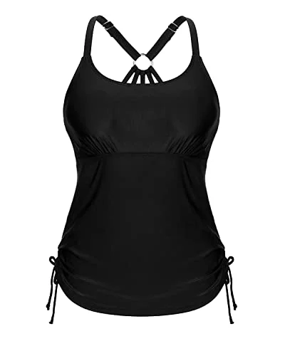 Tie Side Drawstrings Tankini Swim Top Only For Modest Coverage-Black Sexy Cutout Swimsuit