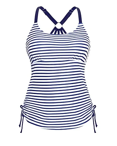 U Neck Tankini Top With Adjustable Strappy Racerback Tank Tops Women-Blue And White Stripes Button-Front Swimsuit