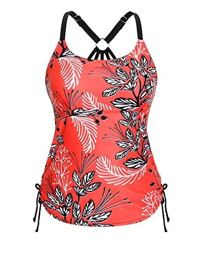 U Neck Tankini Top With Removable Padded Bra Swimsuit Tops For Women-Red Floral Classic Swimsuit Design