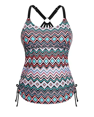 Loose Long Tankini Swim Top Only For Tummy Coverage-White And Green Geom Shiny One-Piece Swimsuit