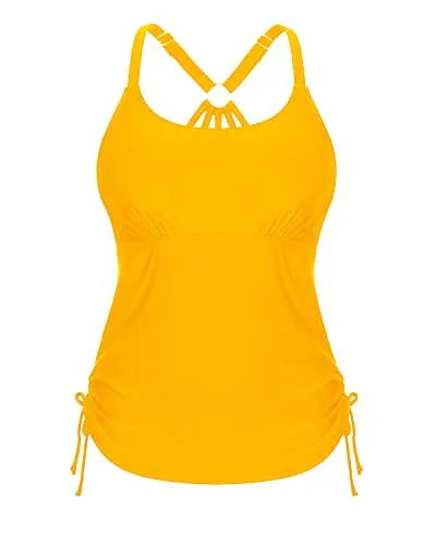 Loose Ruched Tankini Top With Tie Side Drawstrings Tank Tops Women-Yellow High-Cut One-Piece