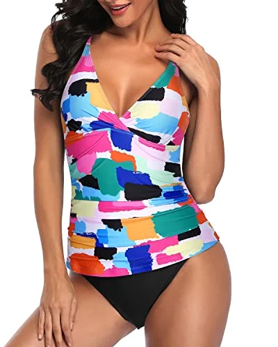 Ruched Panel Sexy Tankini Sets With V Neck Bathing Suits-Aqua Sporty Swimsuit Style