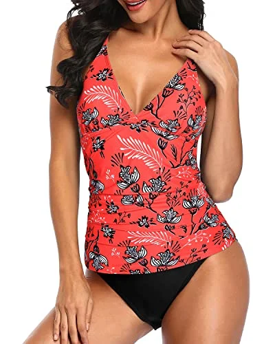 Flattering V Neck Tankini Set Swimsuits For Women-Red Floral Sporty Swimwear Bottoms