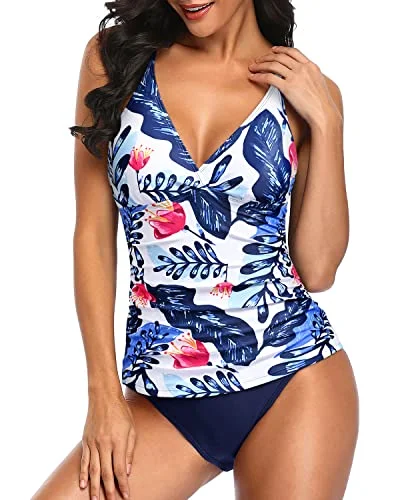 Two Piece Push Up Tankini Top Bathing Suits For Women-White And Blue Floral Comfortable Swim Shorts