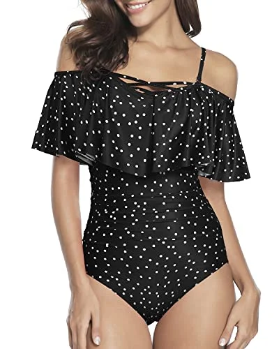 Criss Cross Lace Up One Piece Swimsuits For Women-Black White Dot Fun Pattern Swimsuit