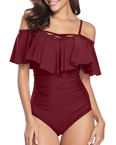 Best Vintage Ruffle Swimwear With Bathing Suits For Women-Maroon Swim Dress with Belt