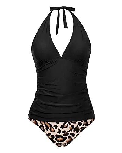 Two Piece Adjustable Self Tie Shoulder Straps Tankini Set-Black And Leopard Sporty Swimwear Bottoms