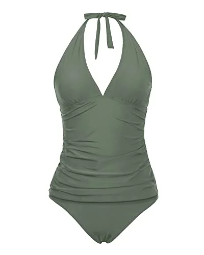 Sexy Charming V Neck Two Piece Tankini Swimwear For Teenagers-Olive Green Modern High-Waisted Swimsuit