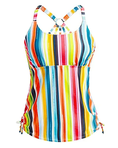 Womens Drawstring Tie Closure Tankini Bathing Suit Tops Mesh Detail Bikini