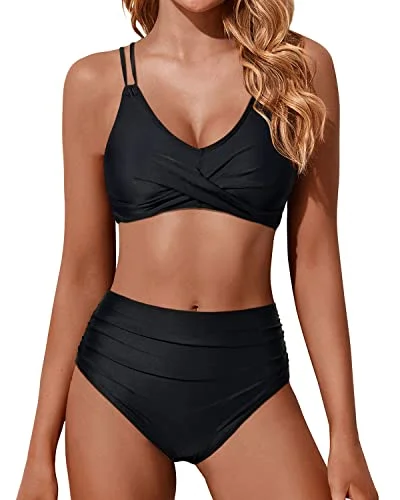 Twist Front High Waisted Bikini Set Two Piece Swimsuits Push Up Wrap Swim Suits-Black Swim Dress with Belt